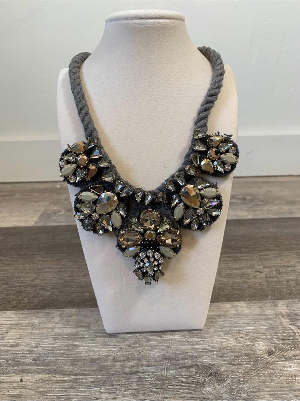 J. Crew Gray Rope Statement Necklace with Smoky Crystals